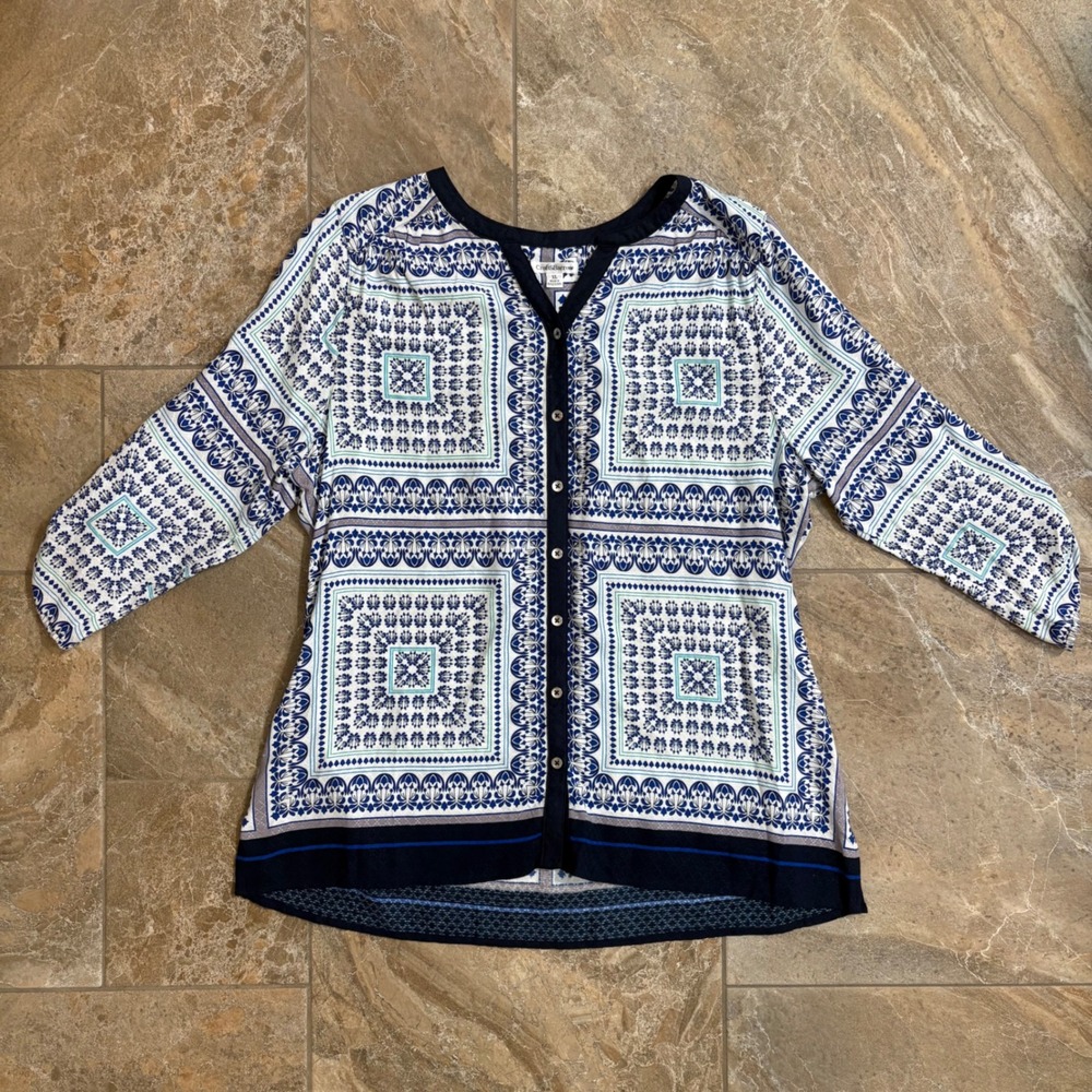 Croft & Barrow Womens Blue White Tile Print Button Front Blouse XL 3/4 Sleeve